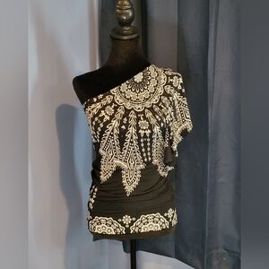 Othr Black and White Patterned One-Shoulder Blouse